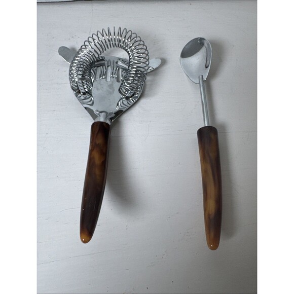 MCM Parker Gaines Stainless Cocktail Strainer & Spoon w/ Marbled Bakelite Handle - Picture 3 of 8
